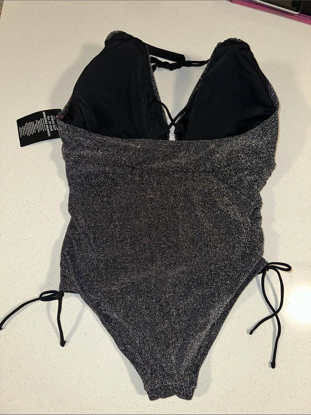 Swimsuits- Women’s Shimmery Black One-Piece Swimsuit with Adjustable Ties